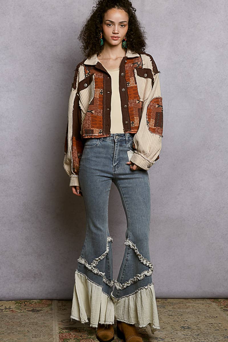 Balloon Sleeve Contrast Paisley Pattern Cropped Knit Jacket
