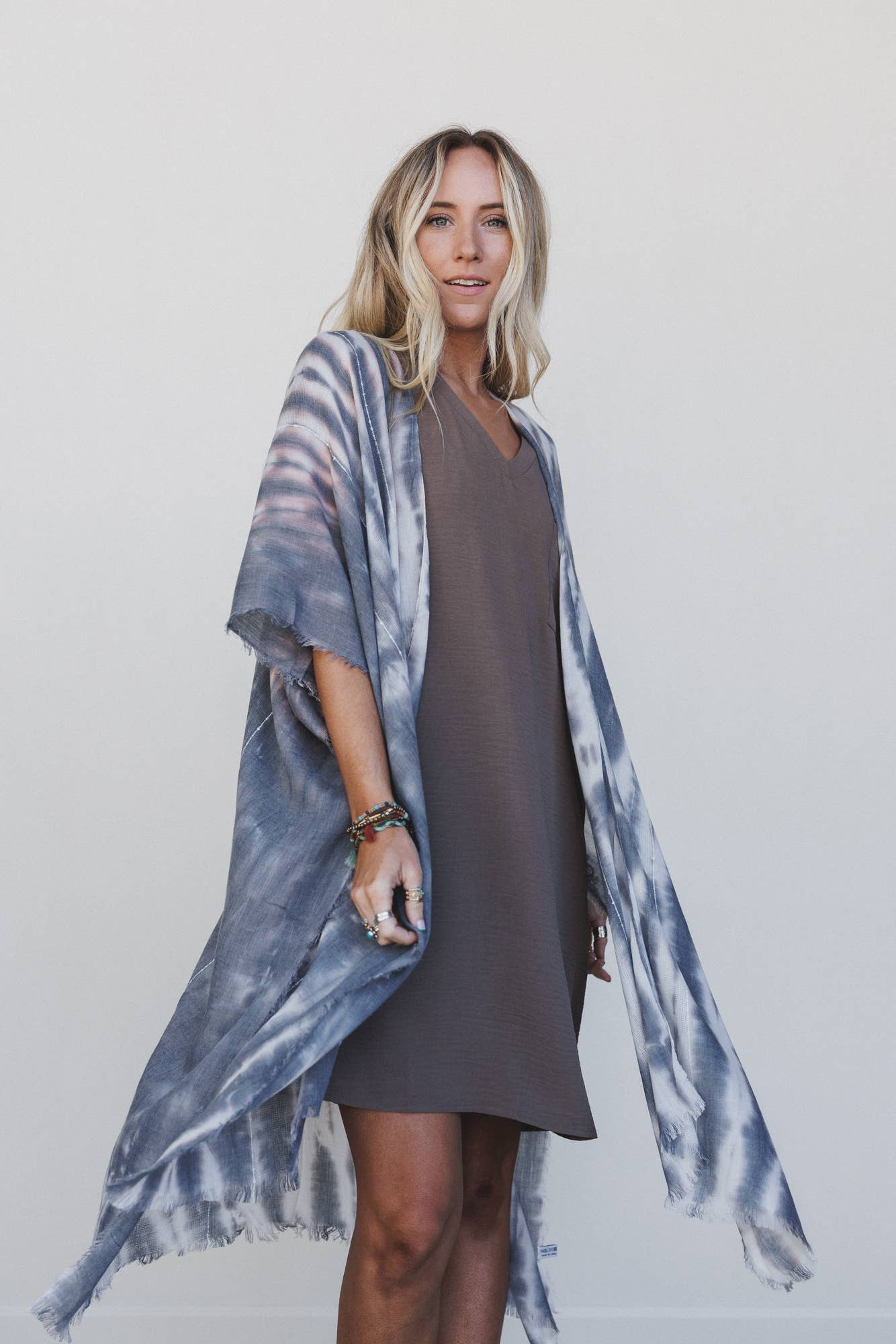 Demi Tie Dye Frayed Hem Kimono - Black