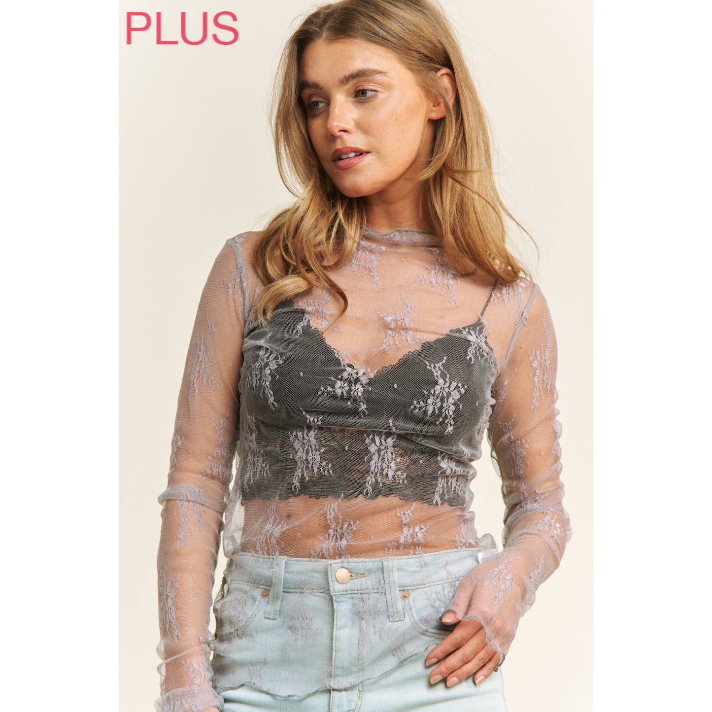 PLUS LACE HIGH NECK DESIGN LONG SLEEVE FITTED TOP