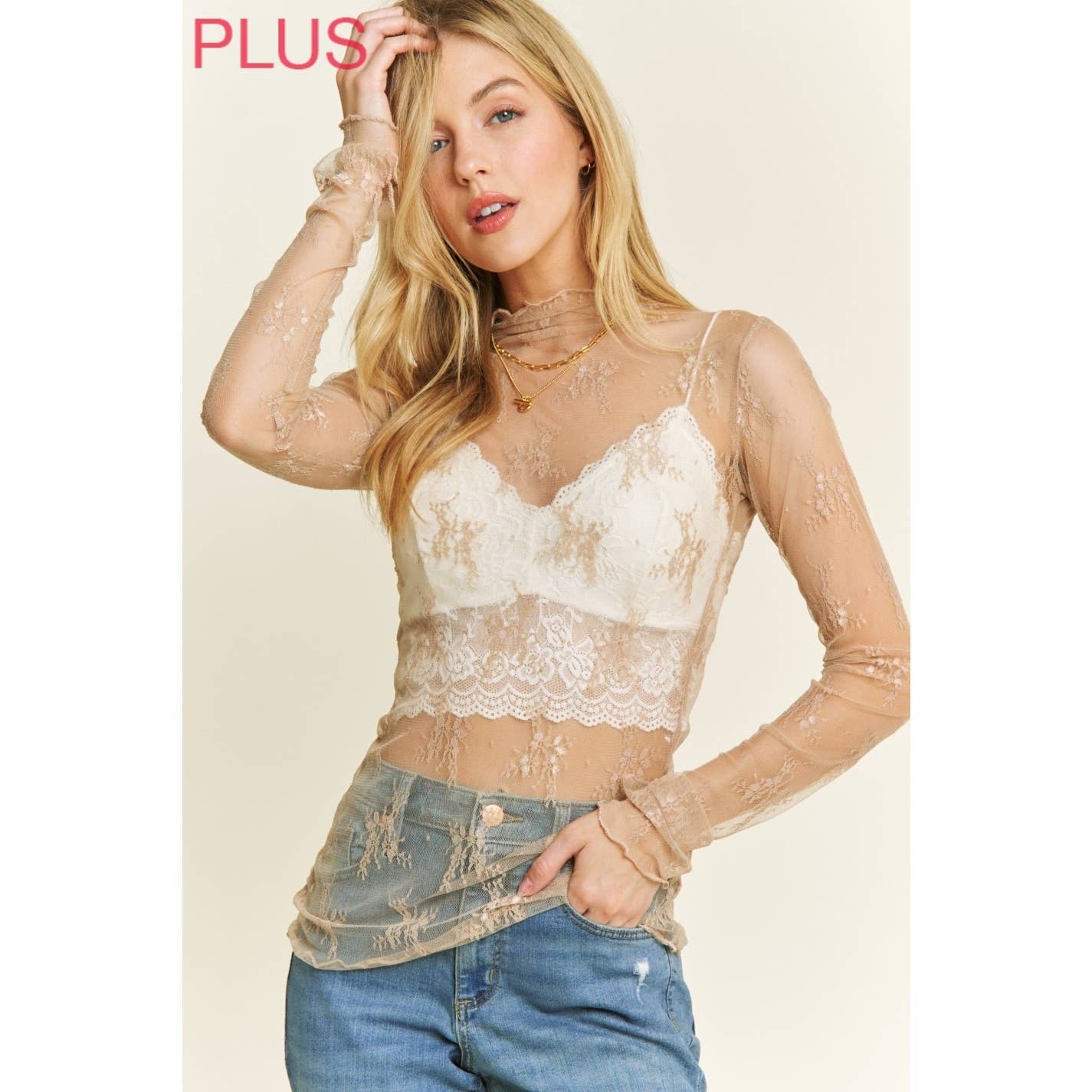 PLUS LACE HIGH NECK DESIGN LONG SLEEVE FITTED TOP