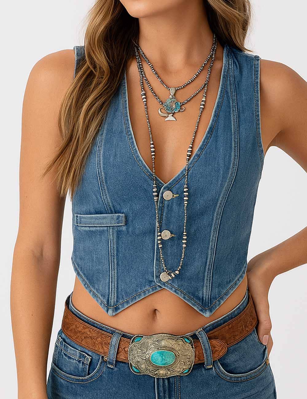 V-Neck Sleeveless Button Denim Vest