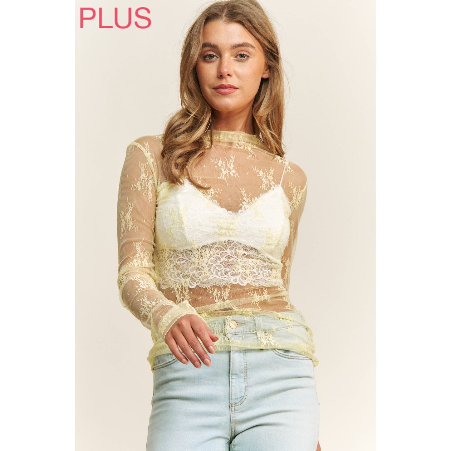 PLUS LACE HIGH NECK DESIGN LONG SLEEVE FITTED TOP