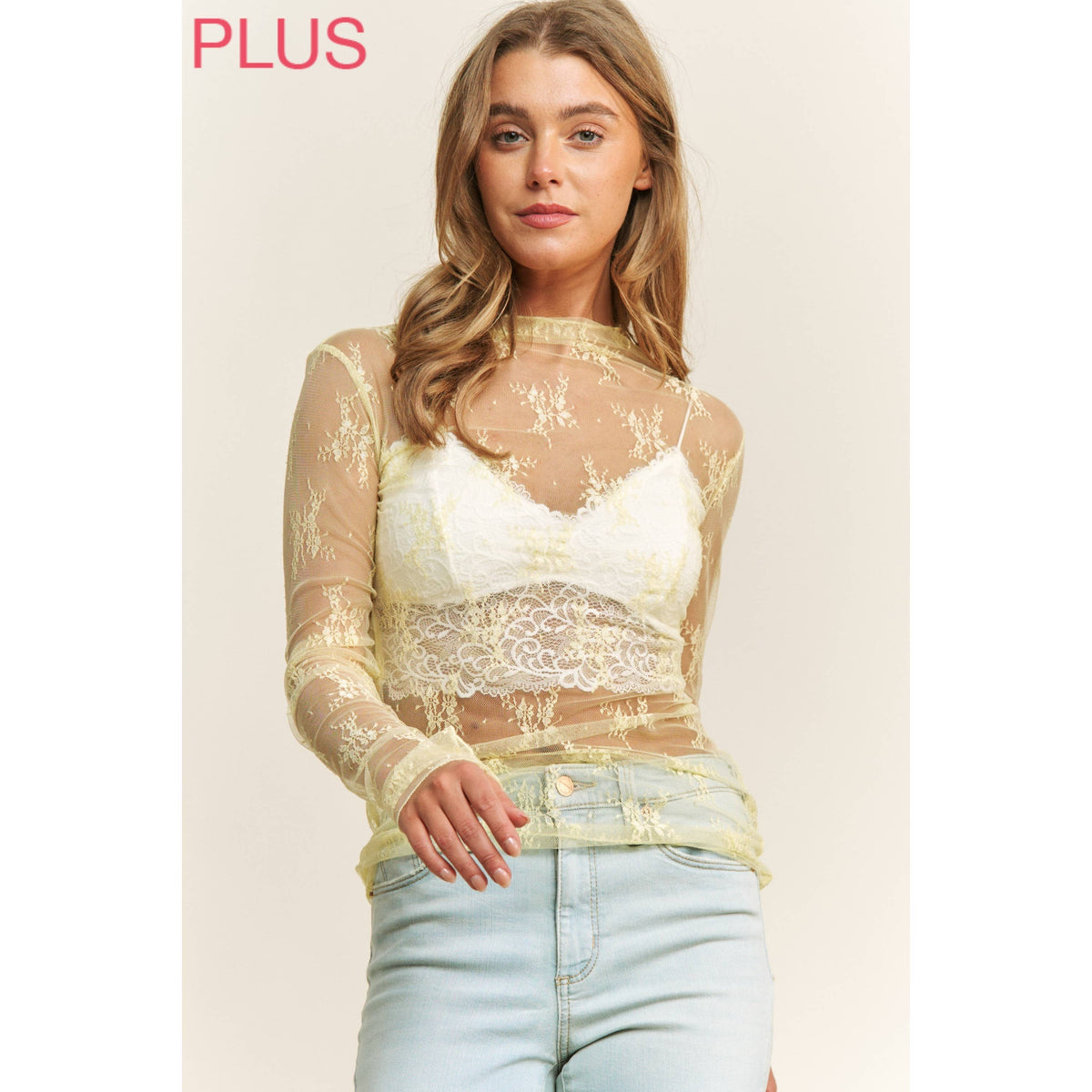 PLUS LACE HIGH NECK DESIGN LONG SLEEVE FITTED TOP