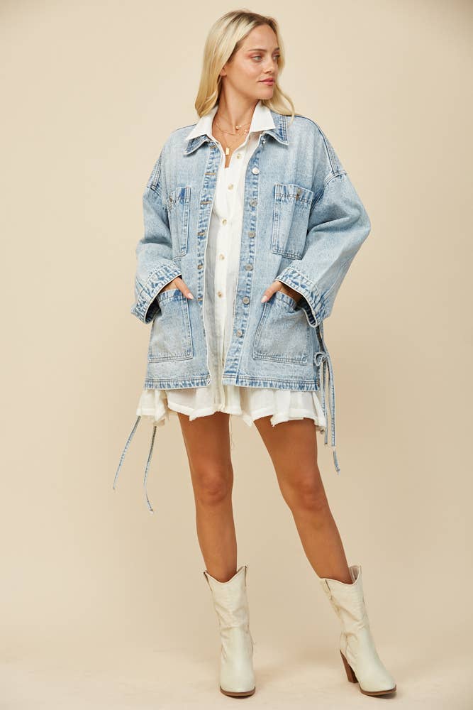 BOHO SIDE TIE DETAIL OVERSIZED DENIM JACKET 6439JIA