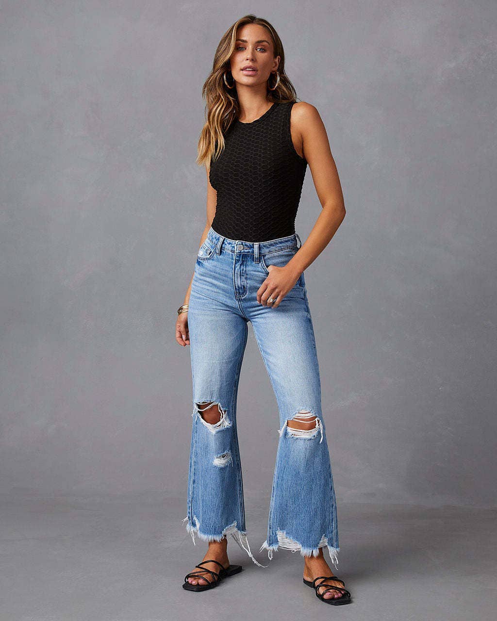 High Waist Distressed Wide Leg Denim Pants with Tie-Dye Wash