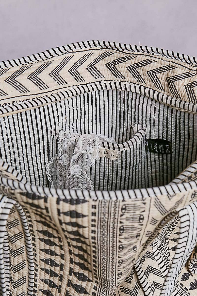 Bohemian Printed Quilted Striped Bias Tape Woven Tote Bag
