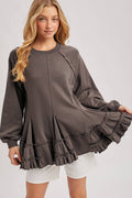 FRENCH TERRY RUFFLED TIERED HEM TUNIC SWEATSHIRT