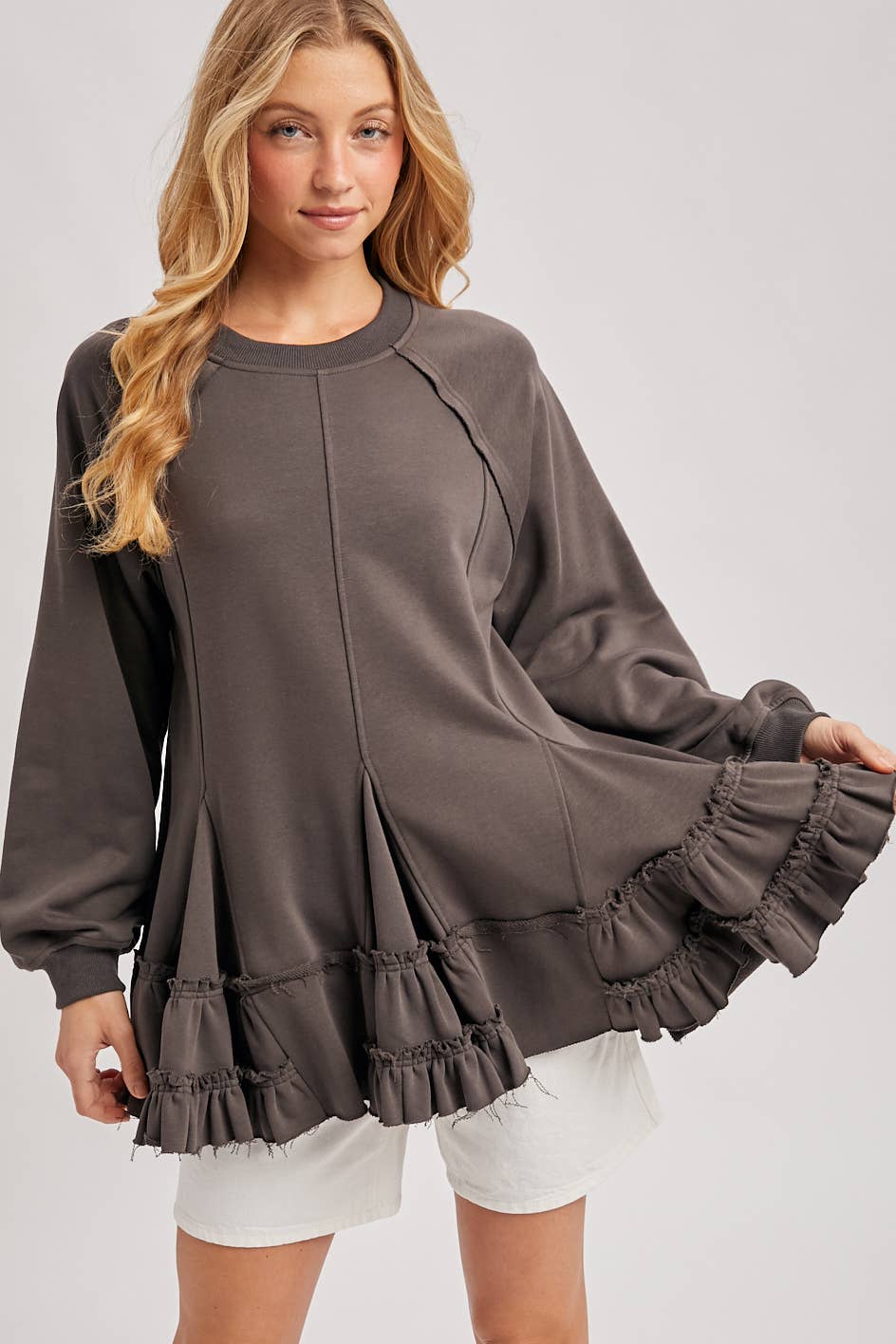 FRENCH TERRY RUFFLED TIERED HEM TUNIC SWEATSHIRT