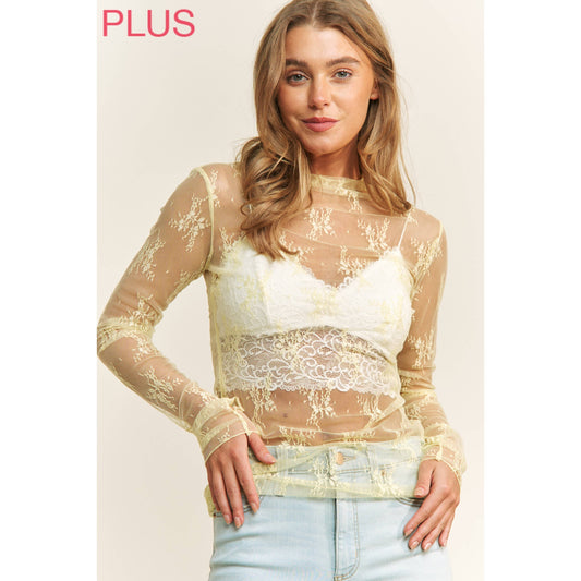 PLUS LACE HIGH NECK DESIGN LONG SLEEVE FITTED TOP