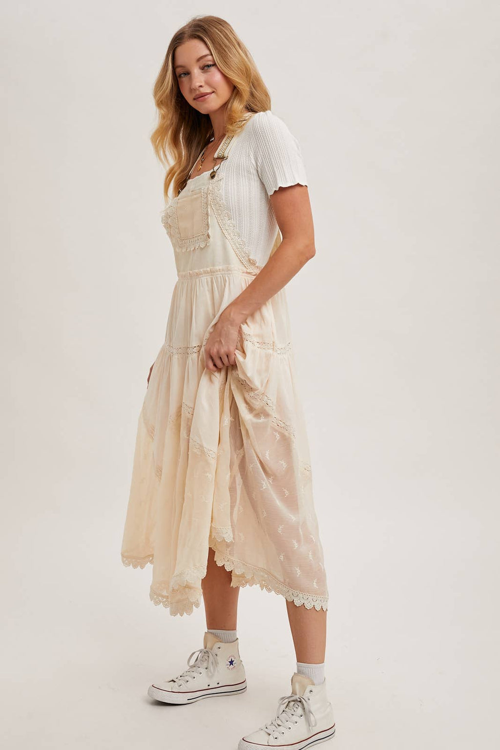 LACE EMBROIDERED TULLE BIB MAXI DRESS