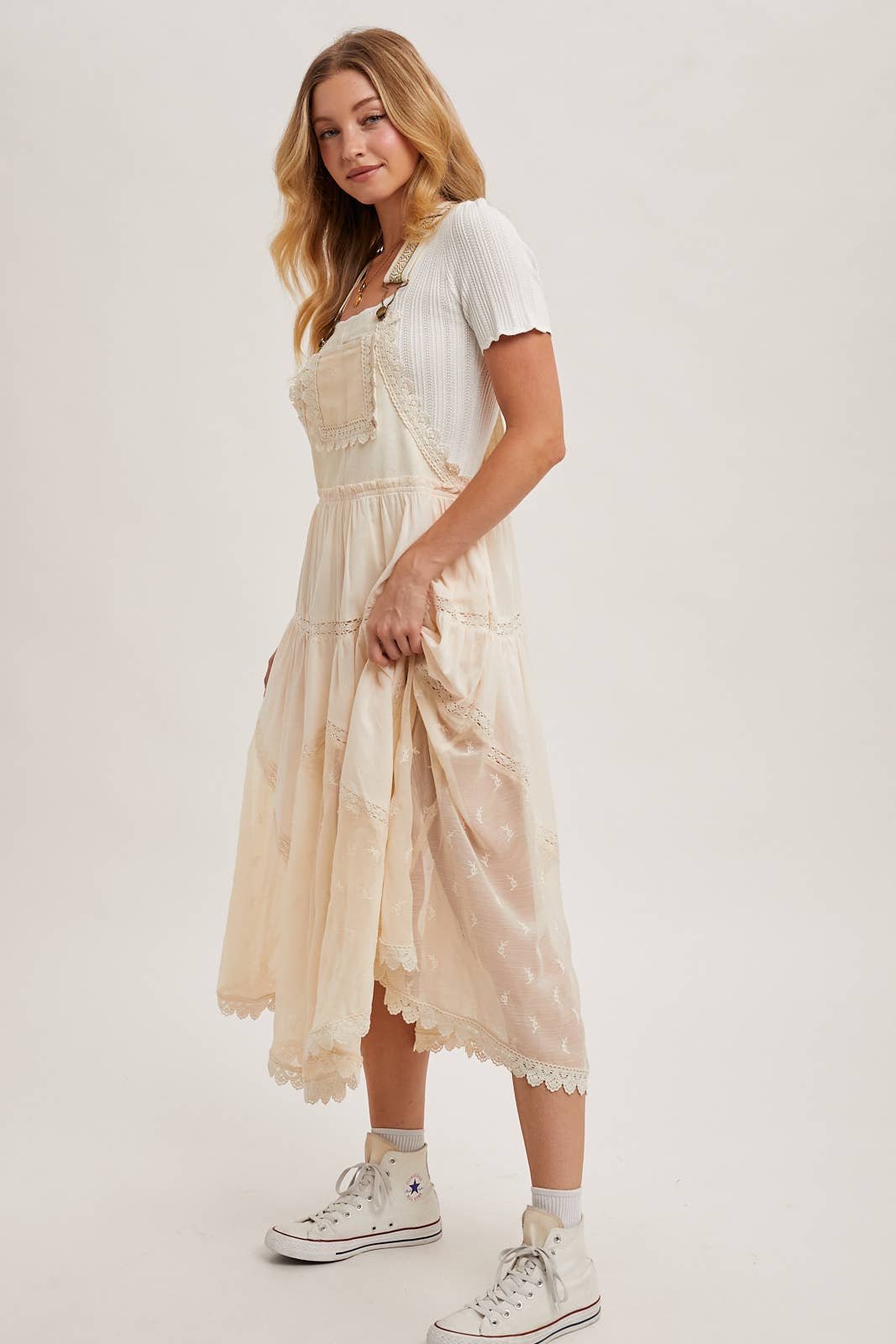 LACE EMBROIDERED TULLE BIB MAXI DRESS