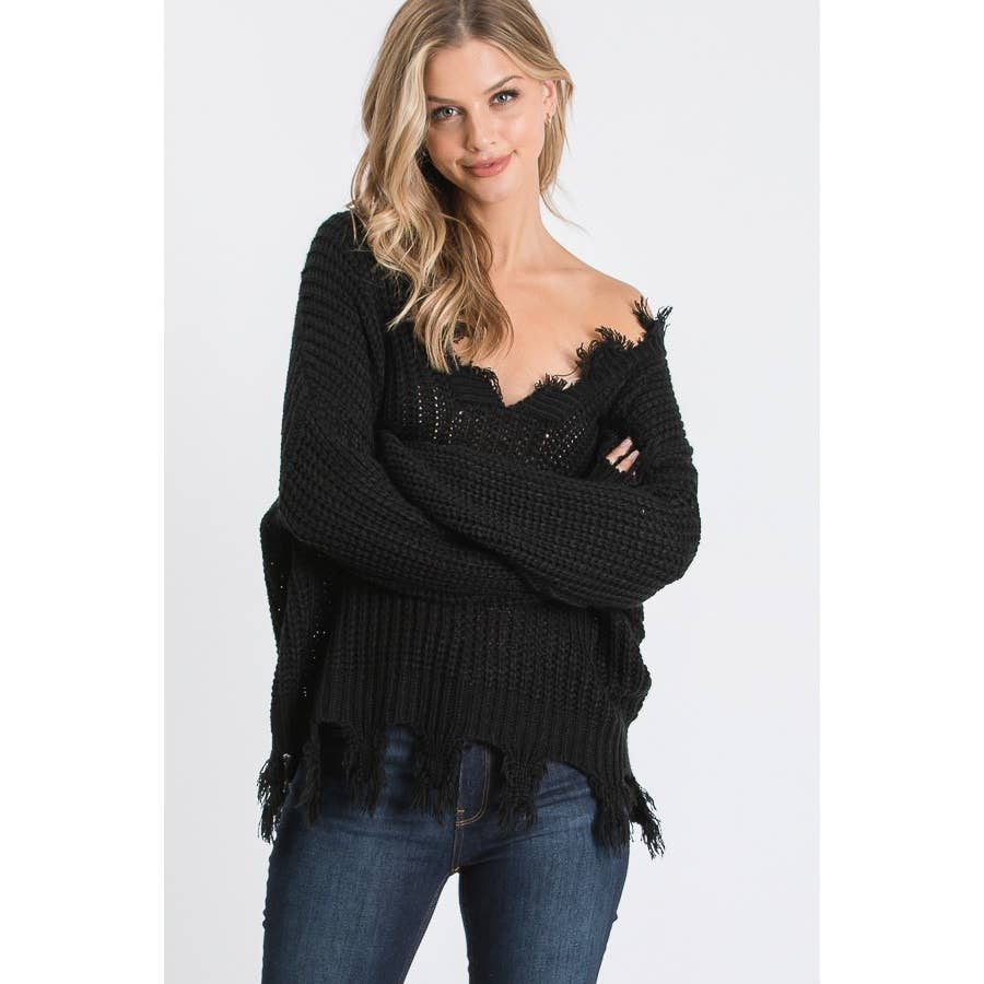 DESTROYED V NECK PULLOVER SWEATER