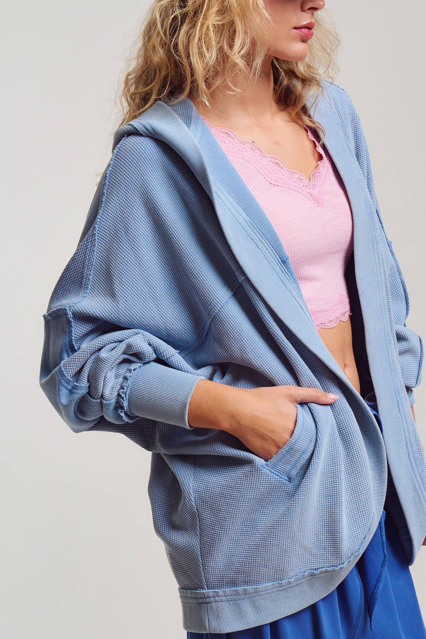 Washed Waffle Knit Hooded Cardigan