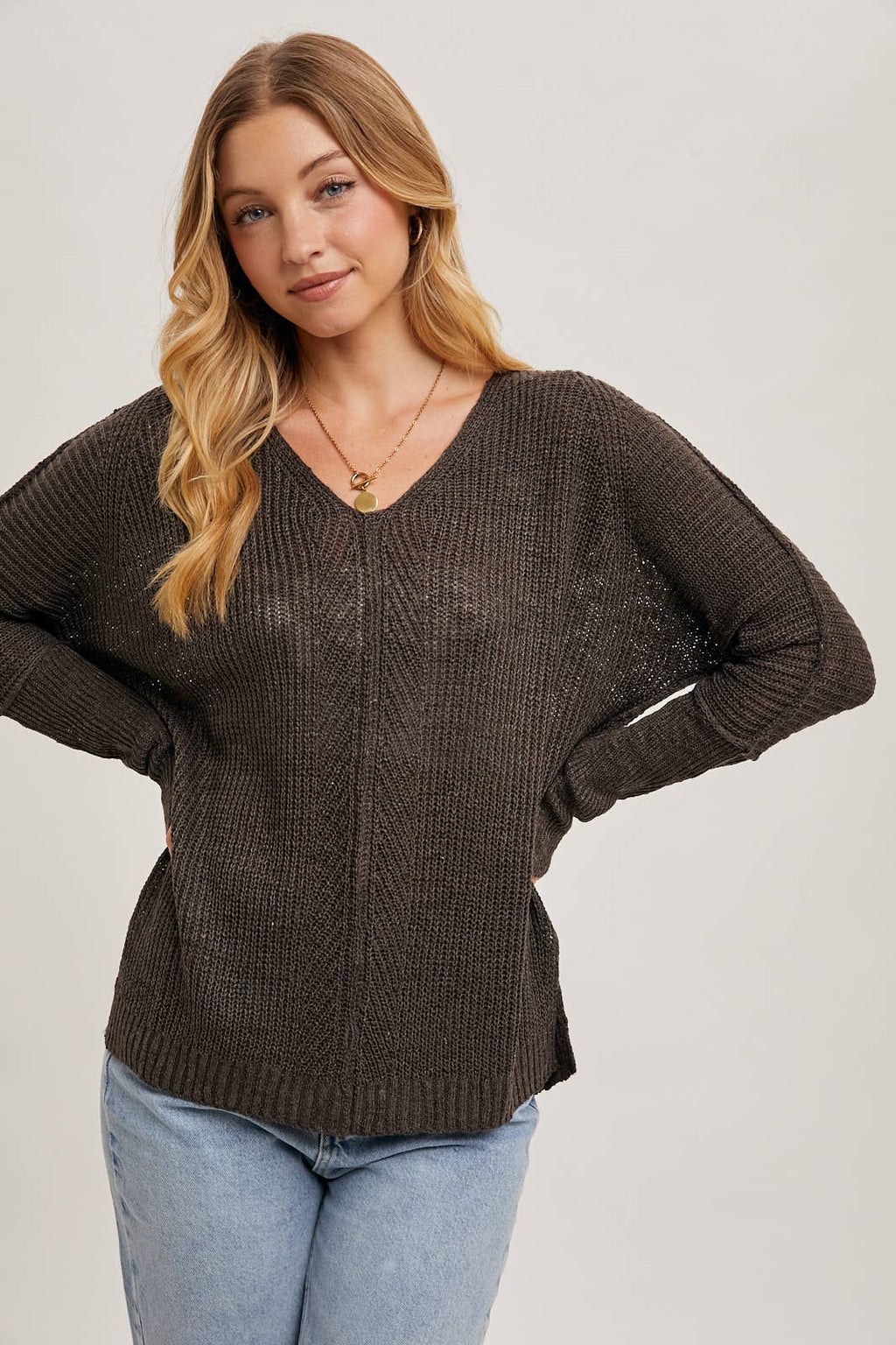 SHEER LOOSEFIT V-NECK KNIT SWEATER PULLOVER