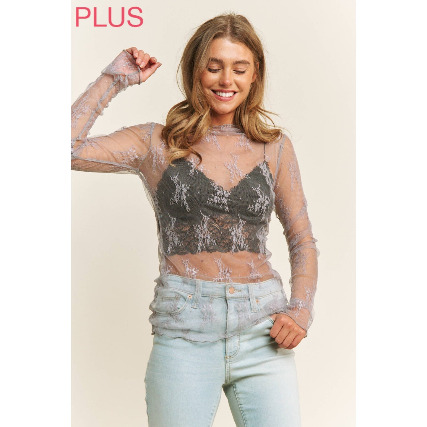 PLUS LACE HIGH NECK DESIGN LONG SLEEVE FITTED TOP