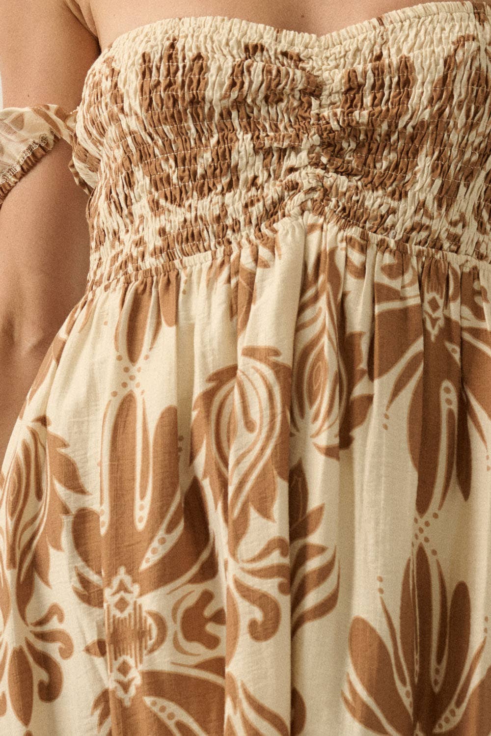 Ornate Floral-Print Smocked Off-Shoulder Maxi Dress