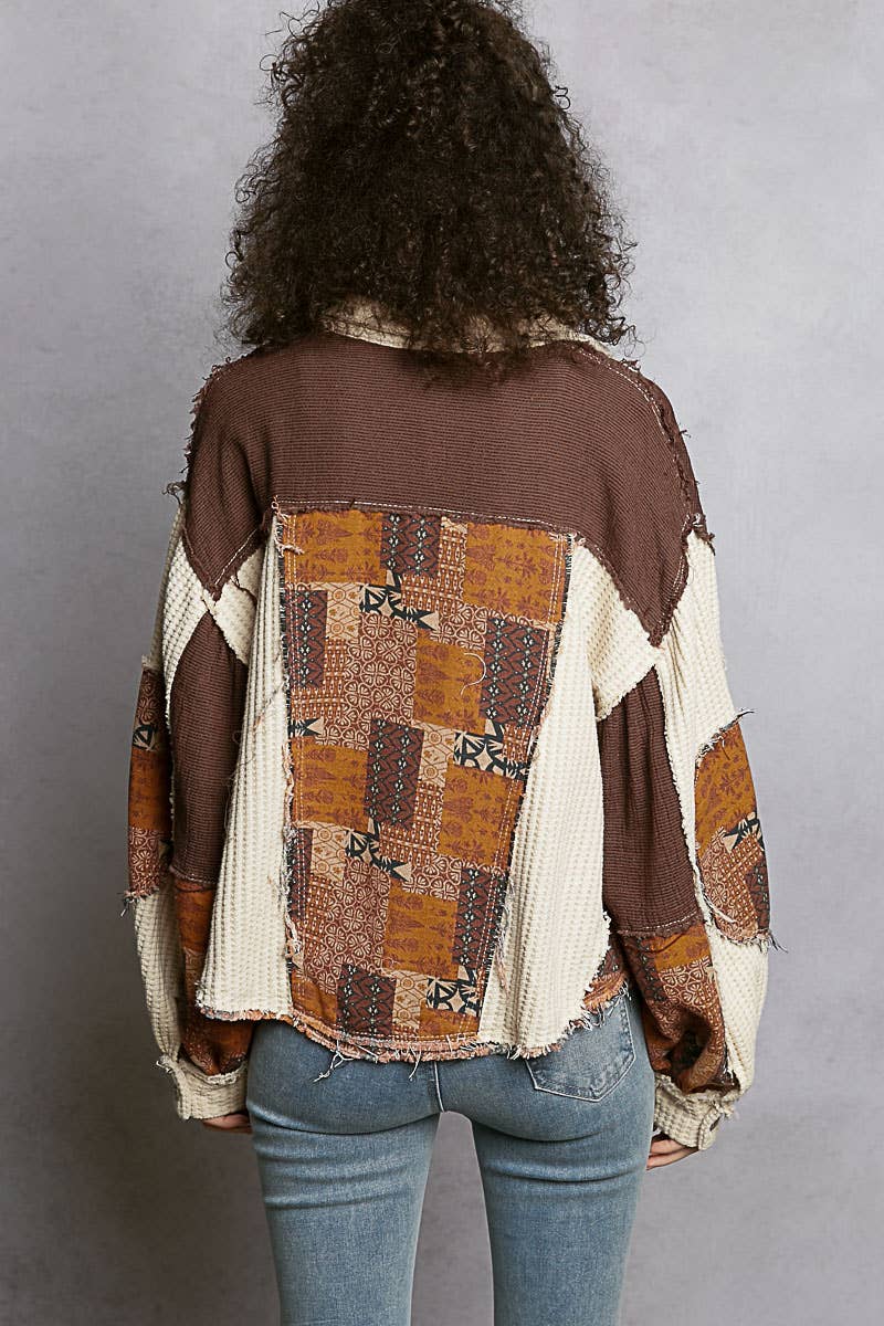 Balloon Sleeve Contrast Paisley Pattern Cropped Knit Jacket