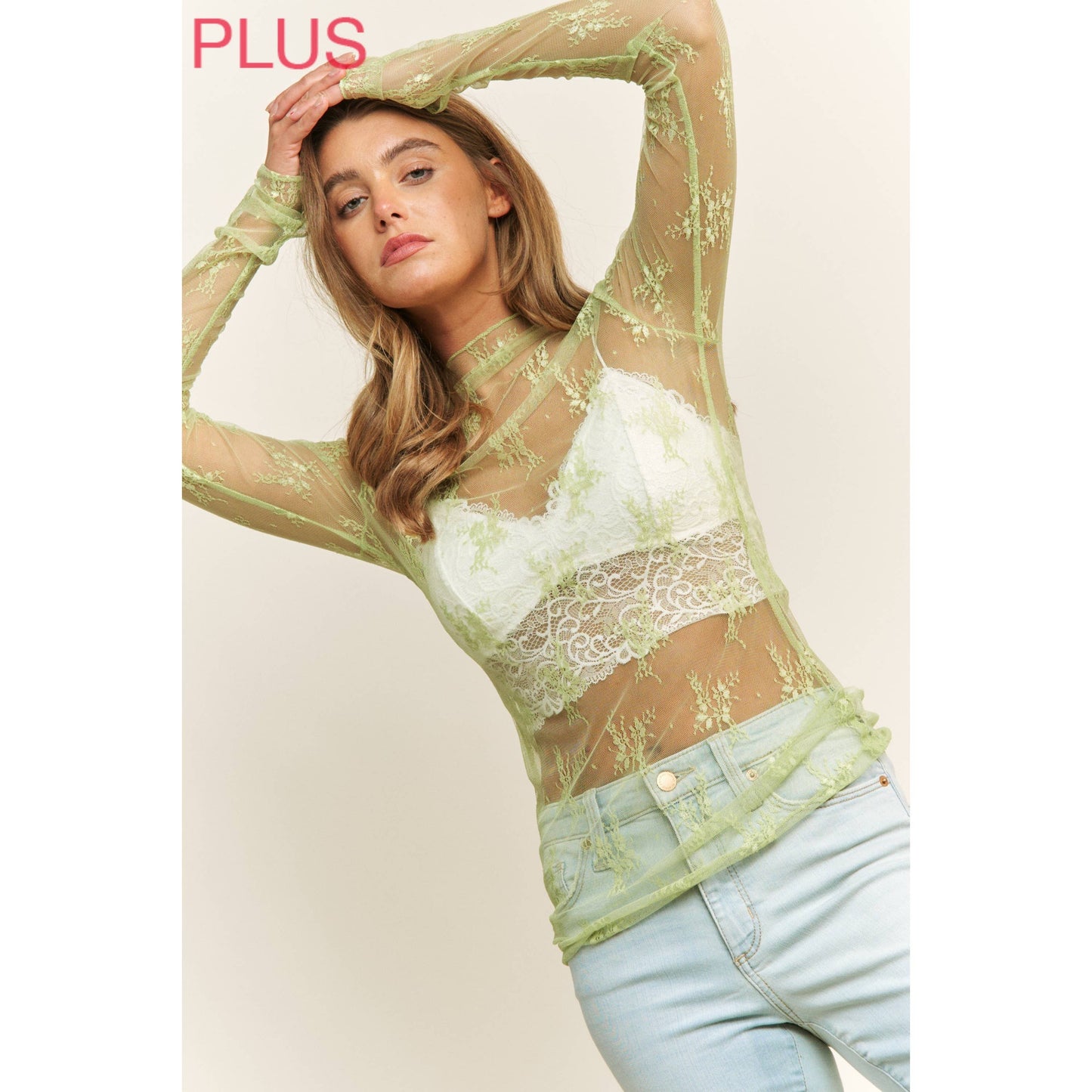PLUS LACE HIGH NECK DESIGN LONG SLEEVE FITTED TOP