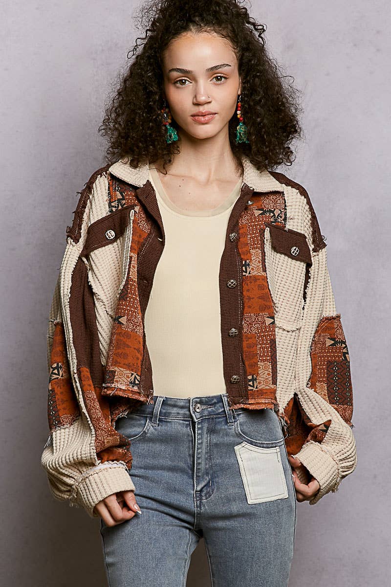 Balloon Sleeve Contrast Paisley Pattern Cropped Knit Jacket
