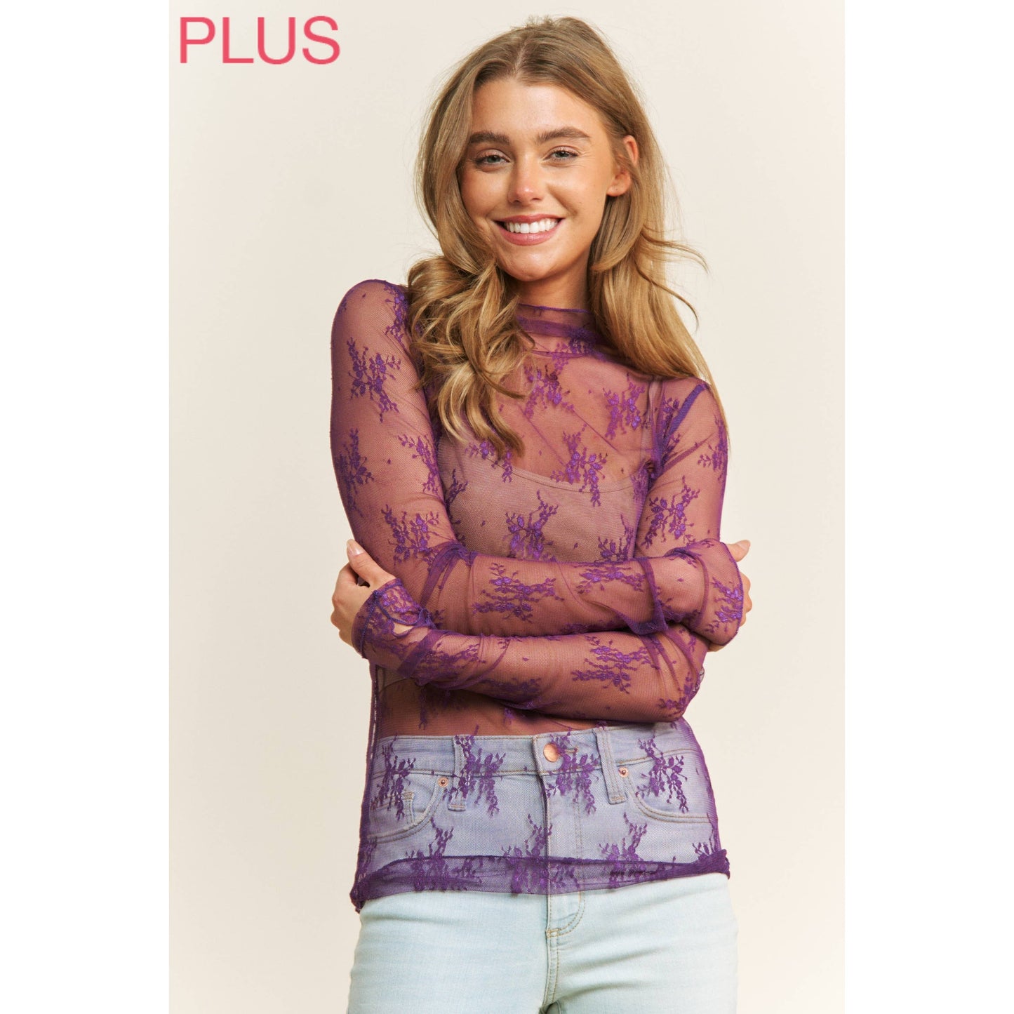 PLUS LACE HIGH NECK DESIGN LONG SLEEVE FITTED TOP