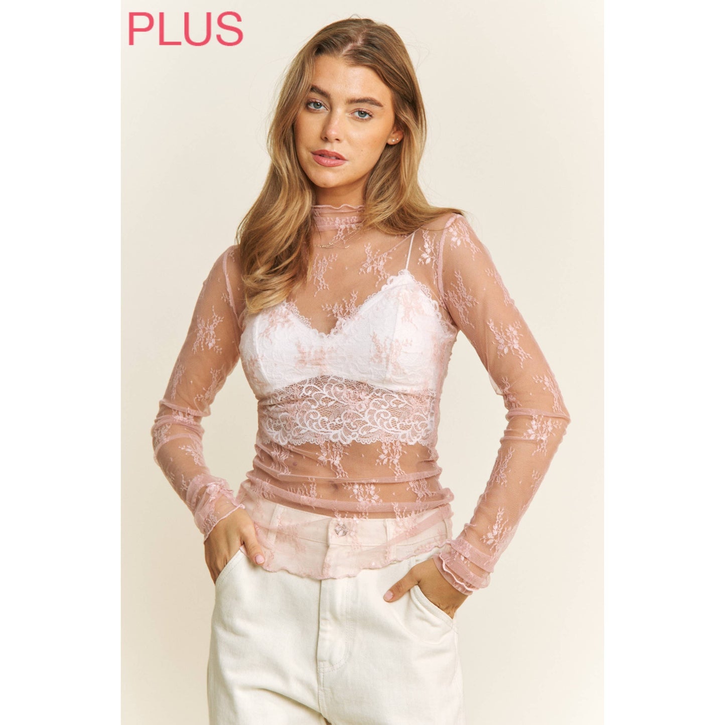PLUS LACE HIGH NECK DESIGN LONG SLEEVE FITTED TOP
