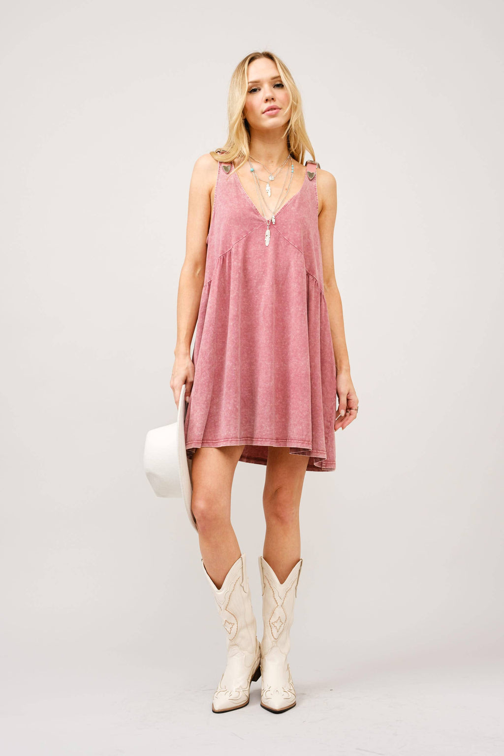 23219D - Plunge V Neck Buckle Babydoll Dress