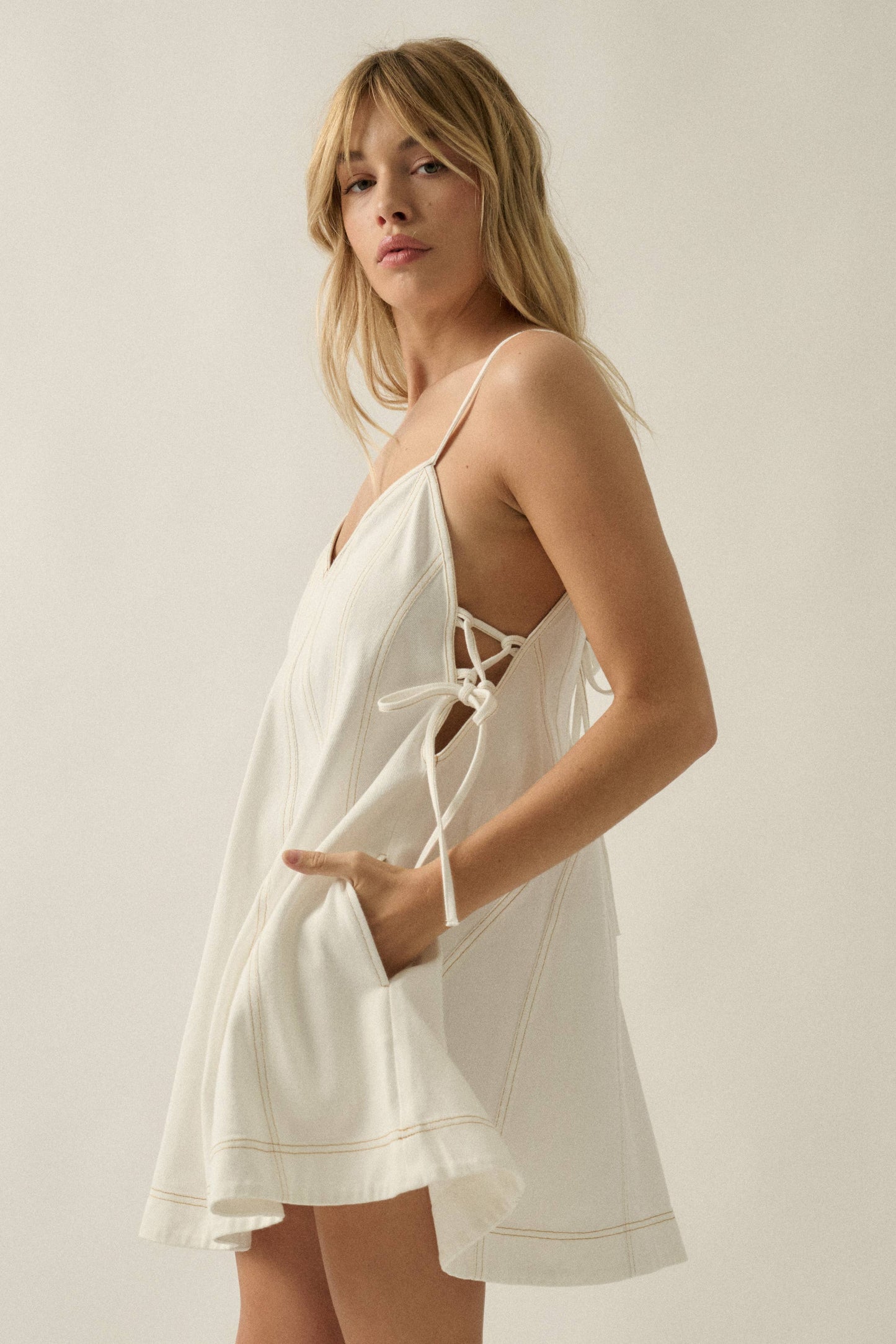 Denim Paneled A-Line Side-Tie Babydoll Pocket Mini Dress
