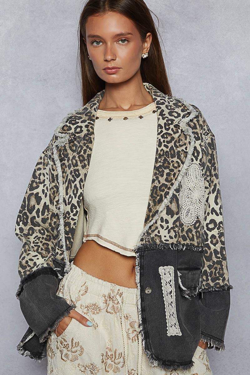 V-neck long sleeve crochet patch printed twill woven jacket