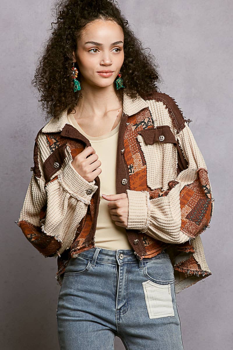 Balloon Sleeve Contrast Paisley Pattern Cropped Knit Jacket