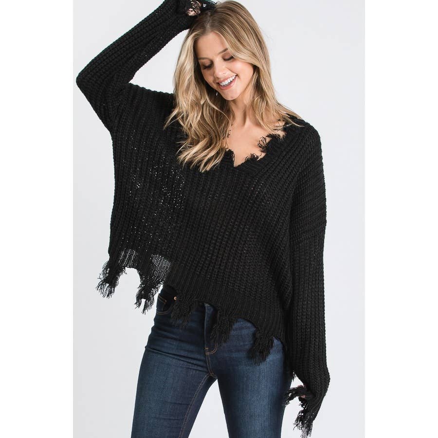 DESTROYED V NECK PULLOVER SWEATER