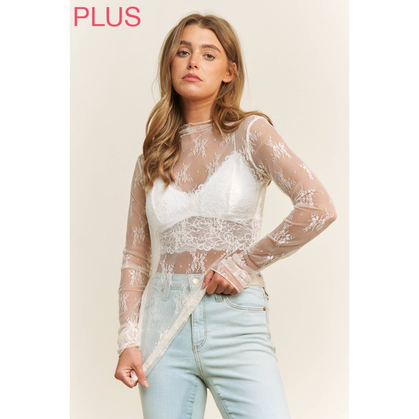 PLUS LACE HIGH NECK DESIGN LONG SLEEVE FITTED TOP