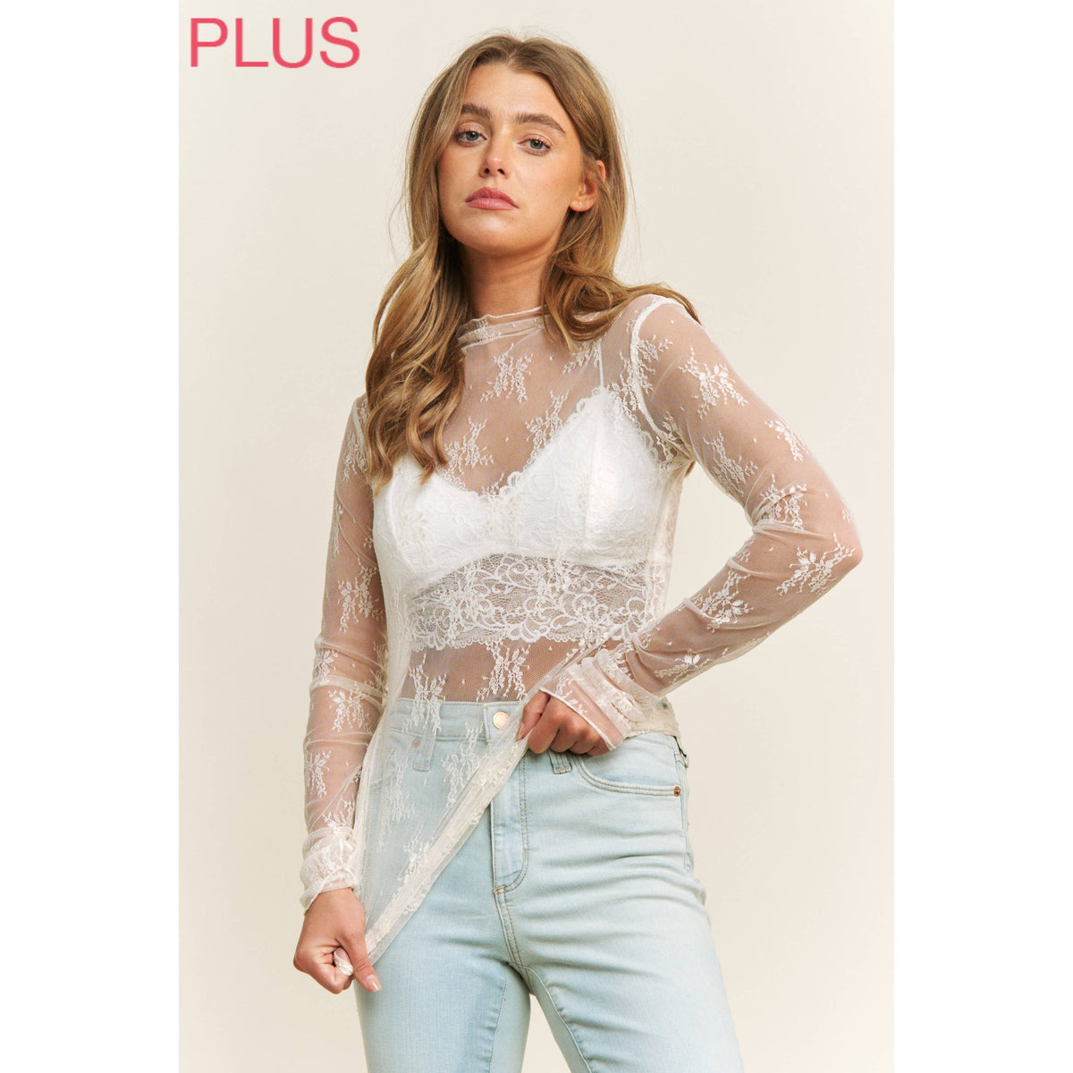 PLUS LACE HIGH NECK DESIGN LONG SLEEVE FITTED TOP