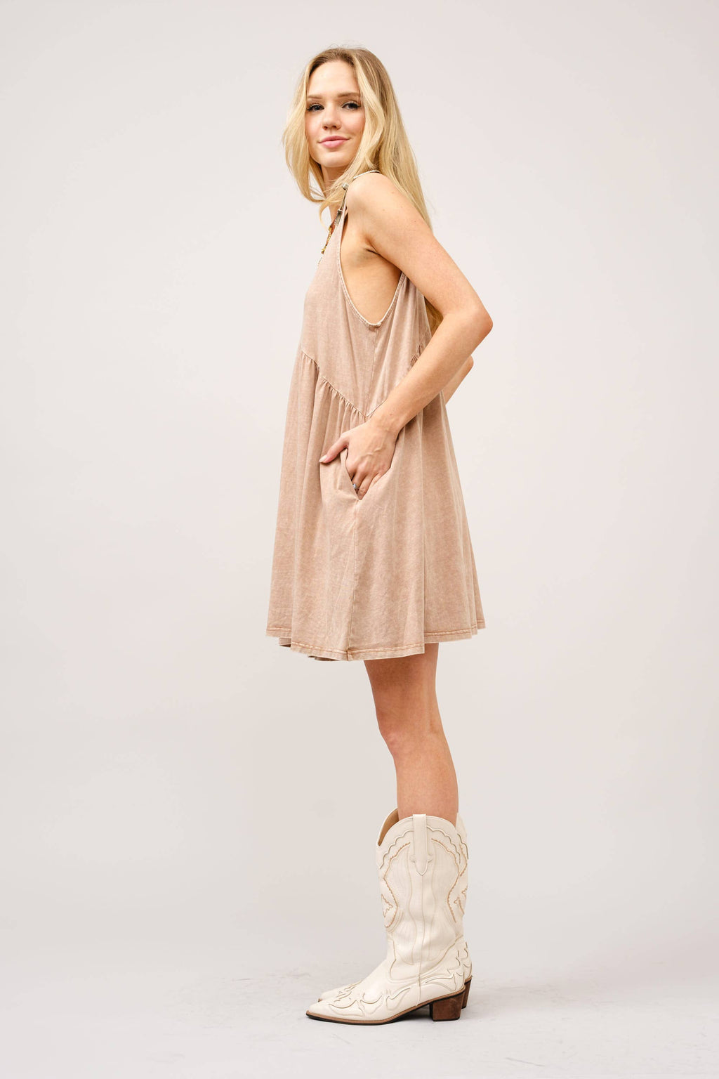 23219D - Plunge V Neck Buckle Babydoll Dress