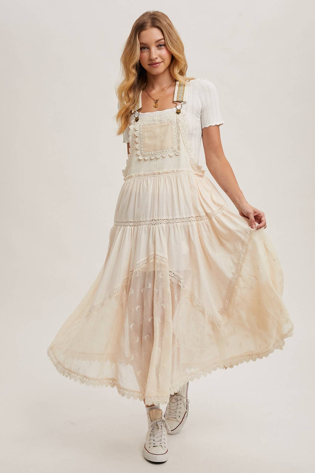 LACE EMBROIDERED TULLE BIB MAXI DRESS