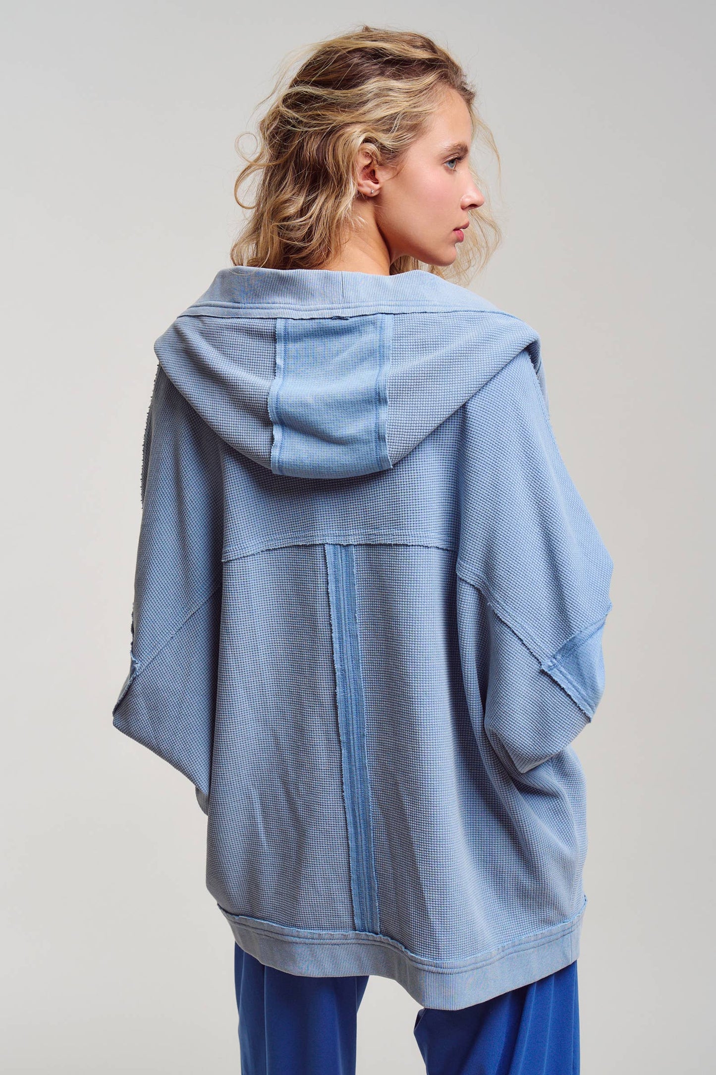 Washed Waffle Knit Hooded Cardigan