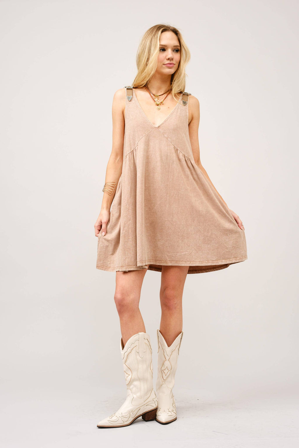23219D - Plunge V Neck Buckle Babydoll Dress
