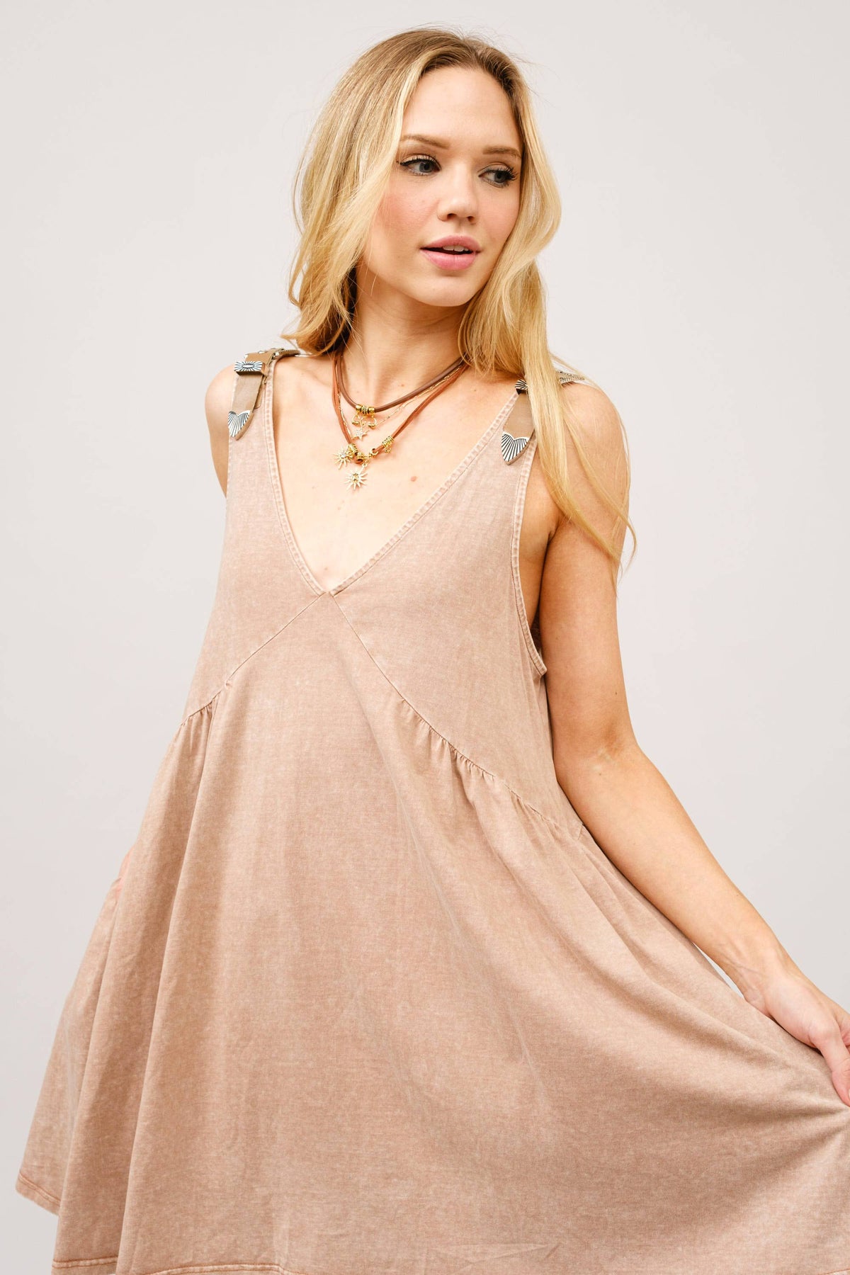 23219D - Plunge V Neck Buckle Babydoll Dress