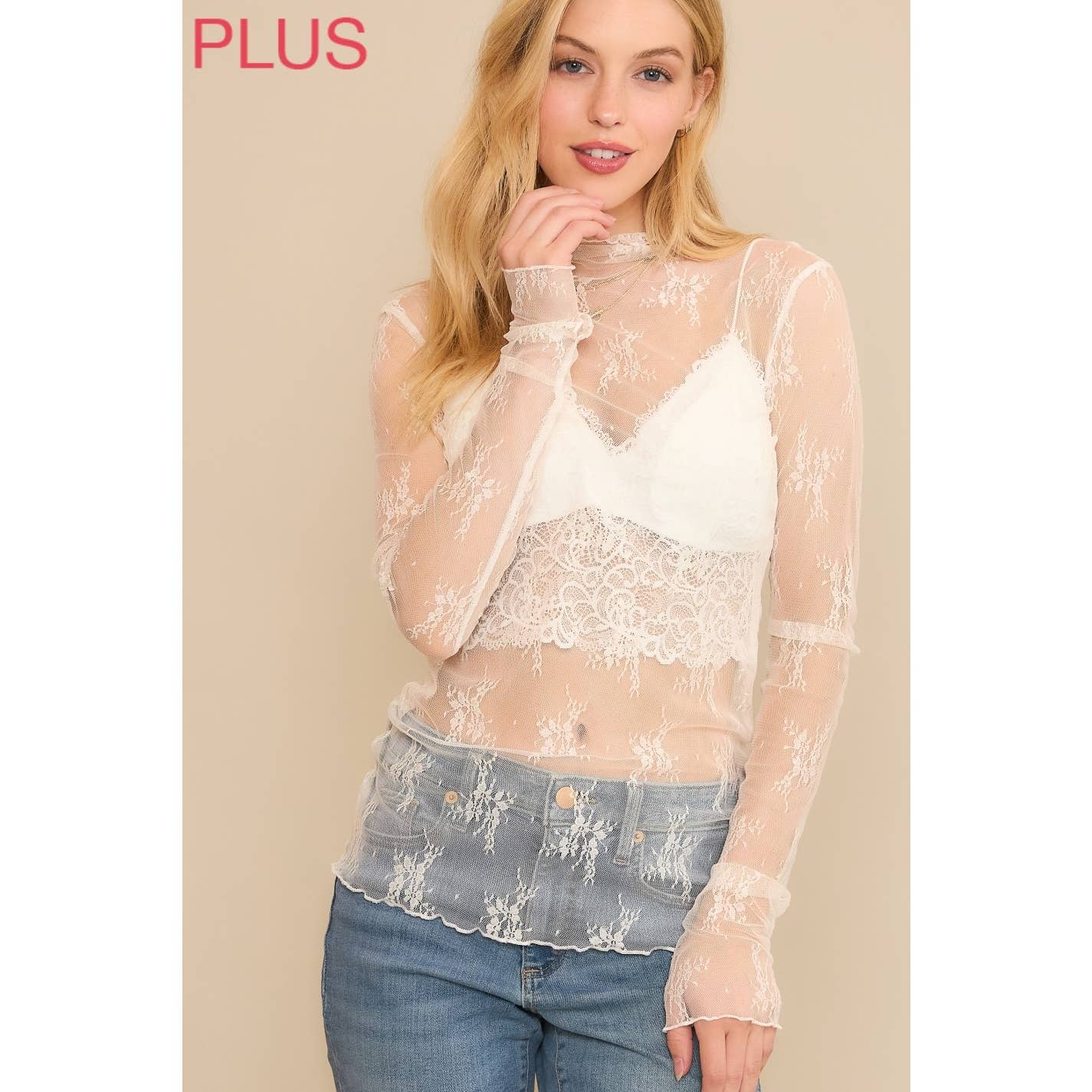 PLUS LACE HIGH NECK DESIGN LONG SLEEVE FITTED TOP