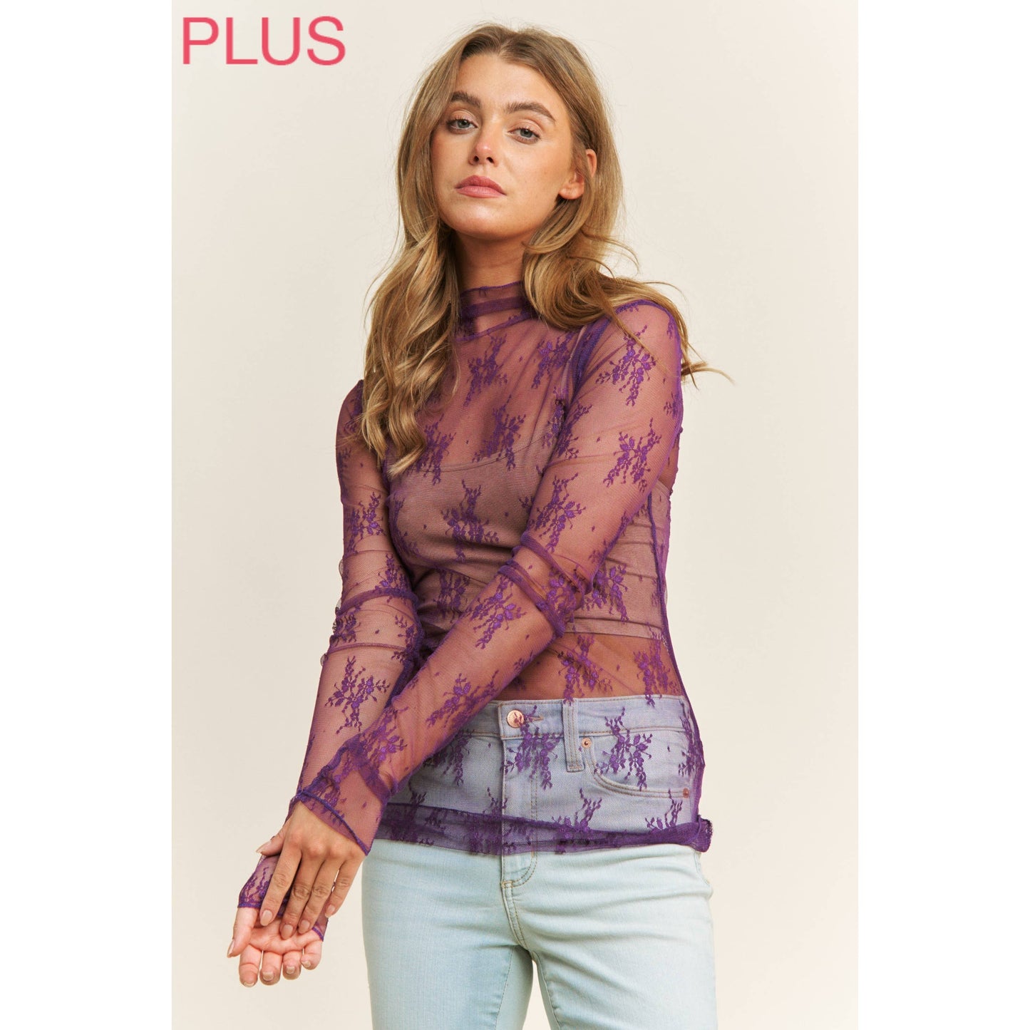 PLUS LACE HIGH NECK DESIGN LONG SLEEVE FITTED TOP