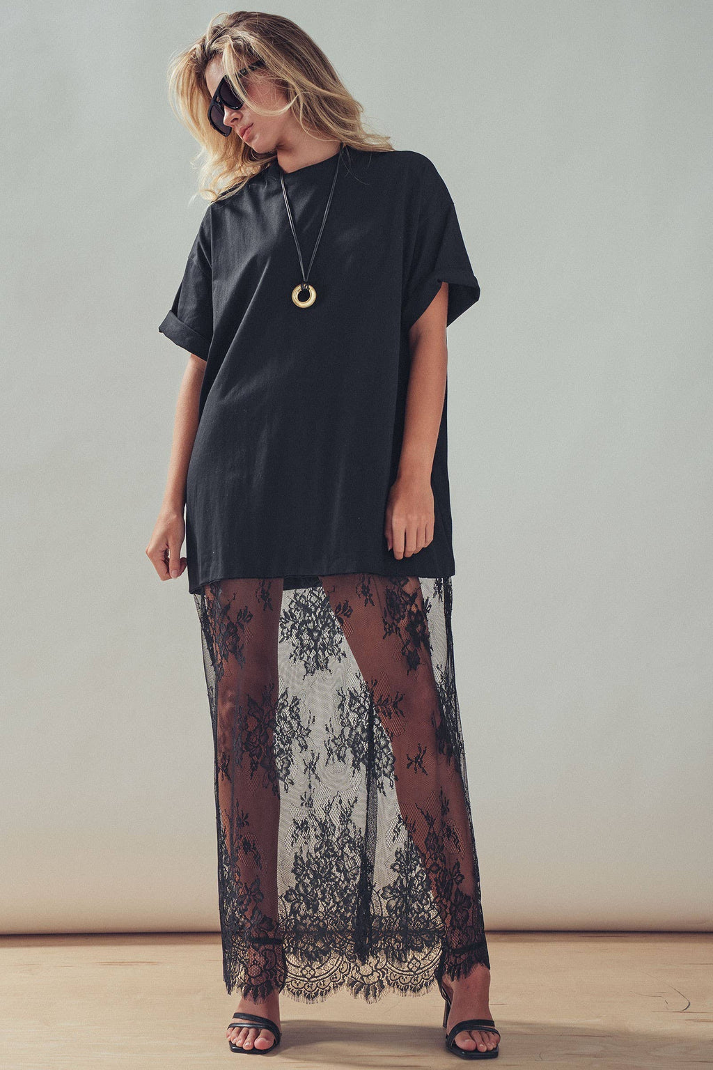 Mixed-Media T-Shirt Dress with Sheer Lace Skirt