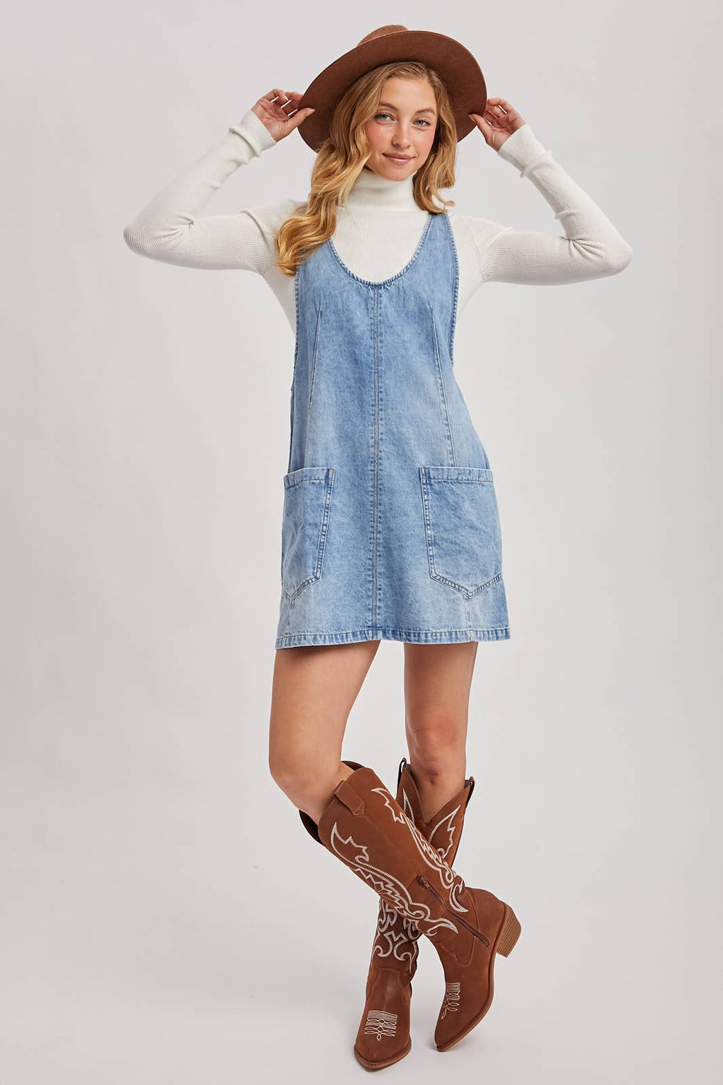 DENIM WASHED OVERALL POCKET DRESS