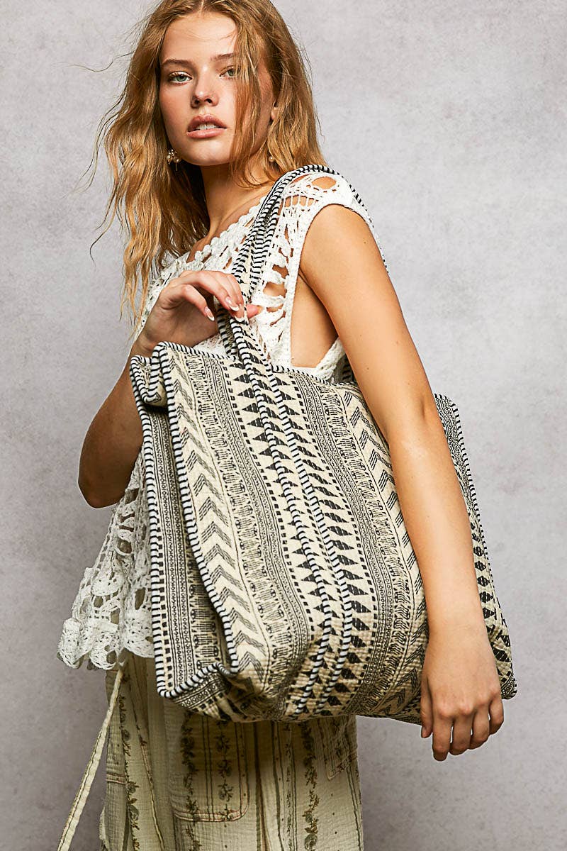 Bohemian Printed Quilted Striped Bias Tape Woven Tote Bag