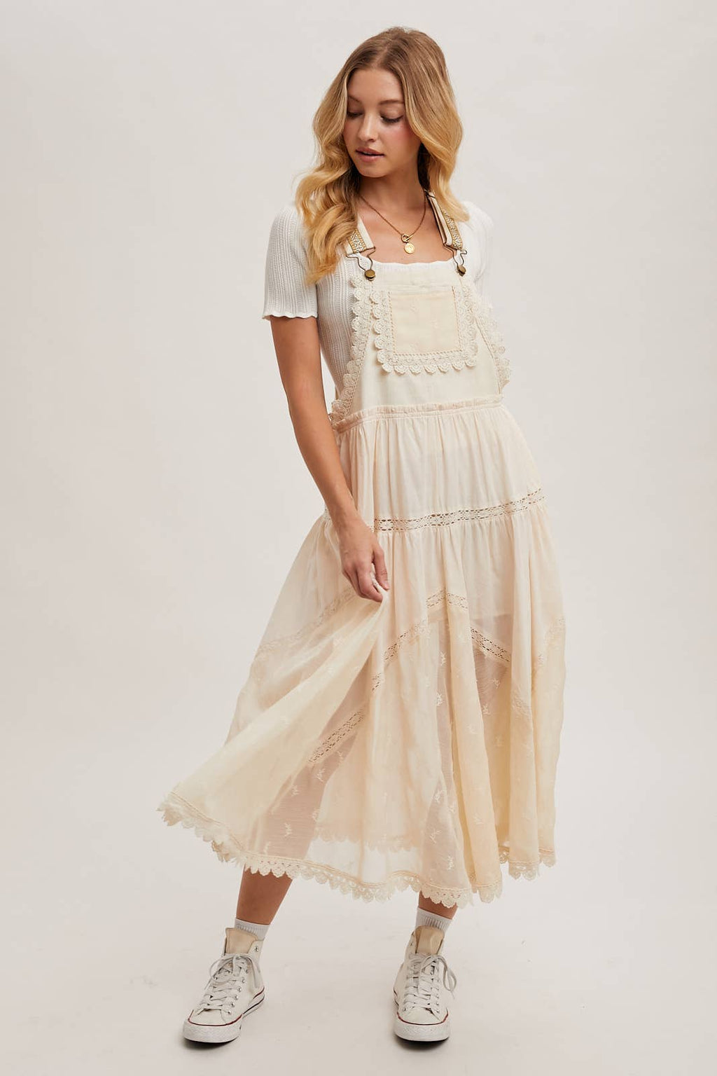 LACE EMBROIDERED TULLE BIB MAXI DRESS