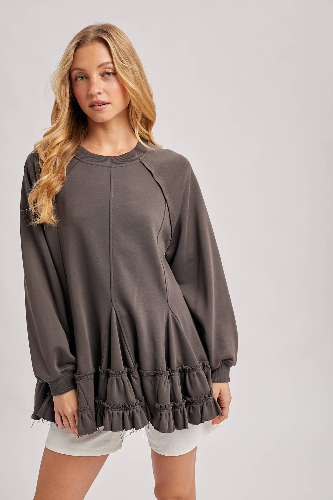 FRENCH TERRY RUFFLED TIERED HEM TUNIC SWEATSHIRT