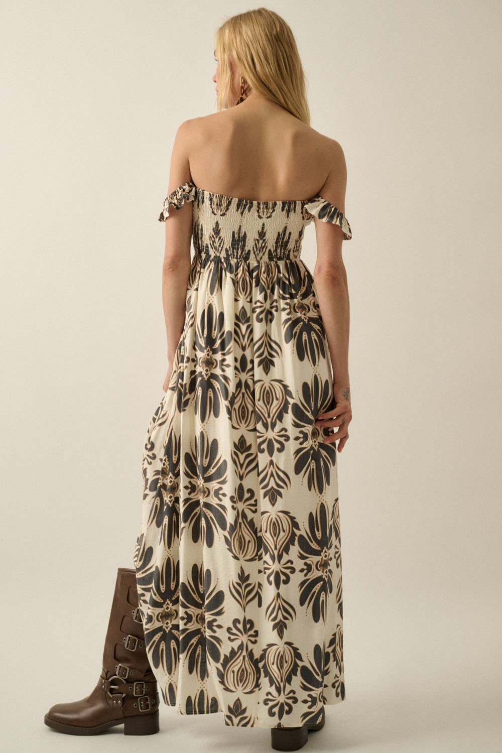 Ornate Floral-Print Smocked Off-Shoulder Maxi Dress
