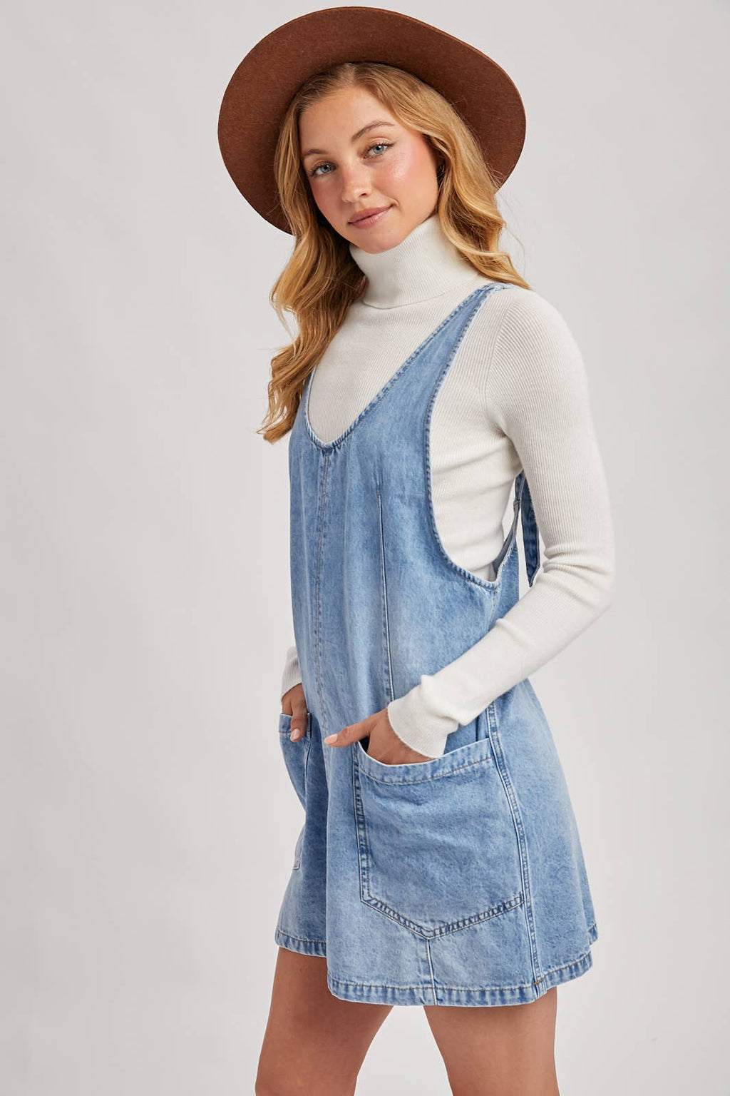 DENIM WASHED OVERALL POCKET DRESS