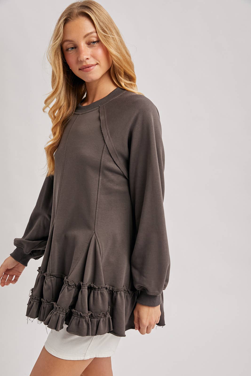 FRENCH TERRY RUFFLED TIERED HEM TUNIC SWEATSHIRT