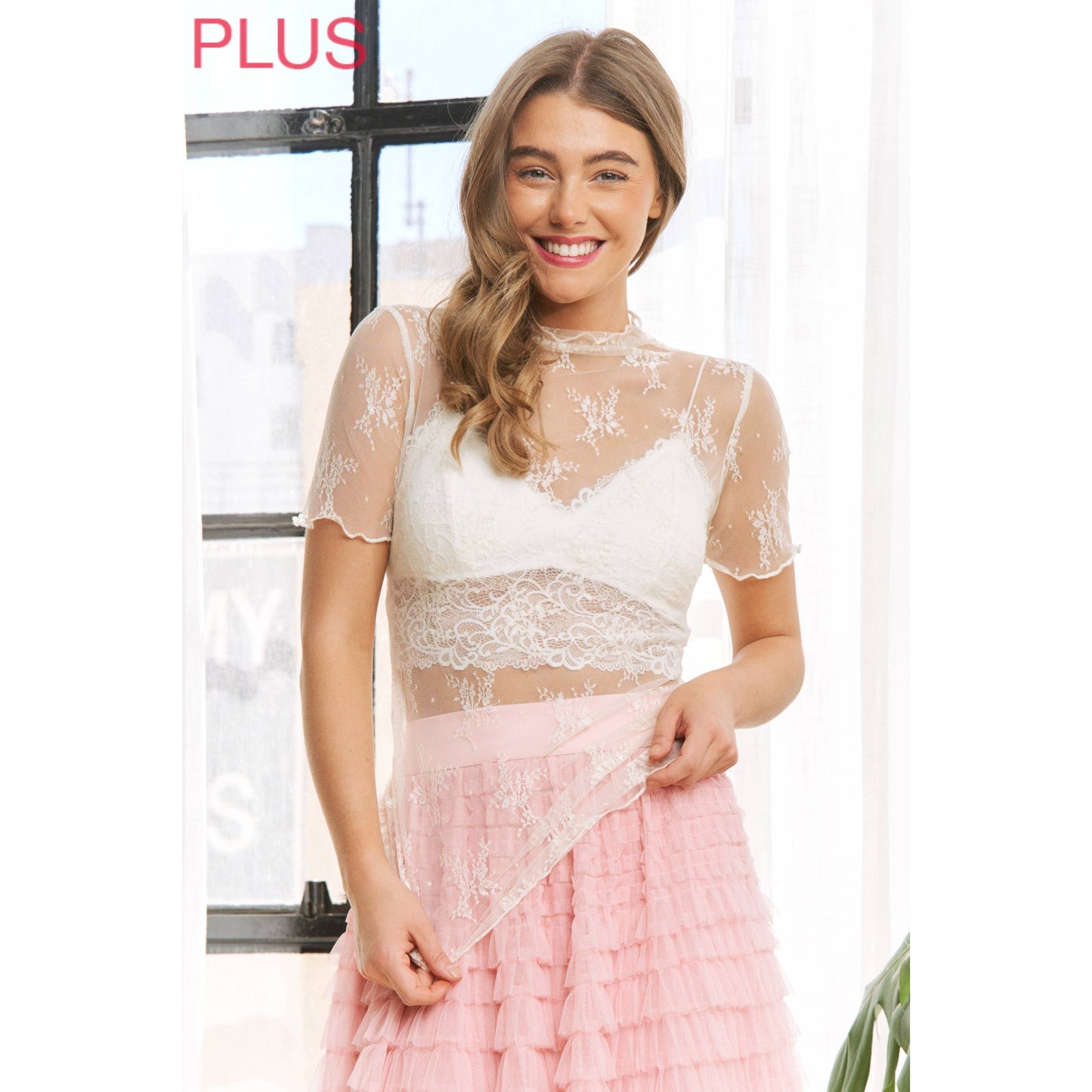 PLUS LACE HIGH NECK DESIGN SHORT SLEEVE FITTED TOP
