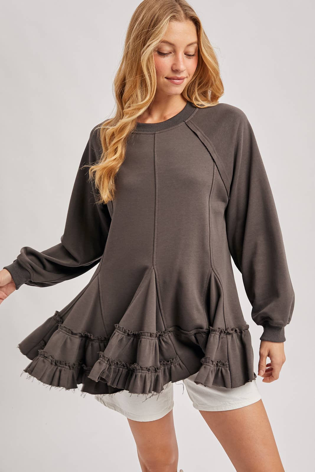 FRENCH TERRY RUFFLED TIERED HEM TUNIC SWEATSHIRT