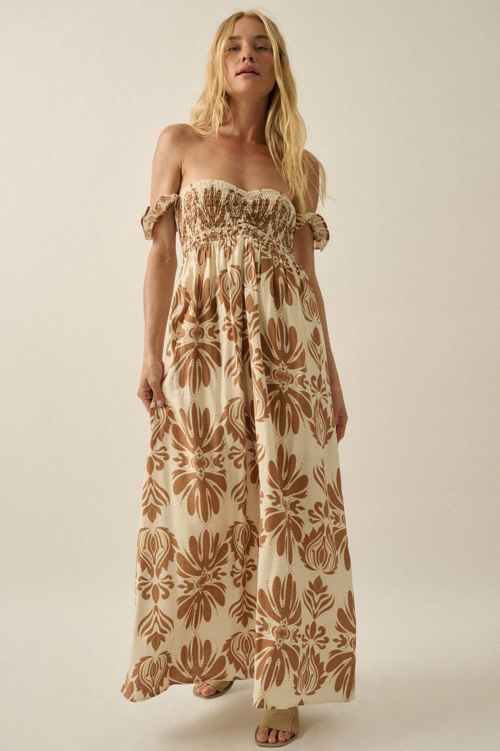 Ornate Floral-Print Smocked Off-Shoulder Maxi Dress